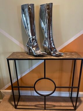New, in the box Moschino High-Shine chrome Knee high Stiletto Boots